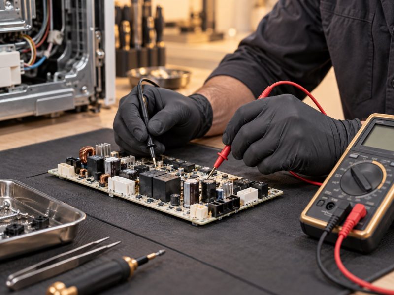فني إلكترونيات يفحص دارة تحكم لجهاز منزلي